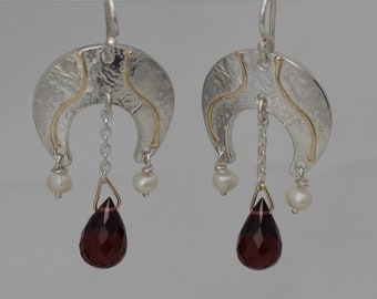 Chandelier Style Garnet and Pearl Drop Earrings
