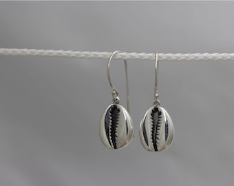 Sterling Silver Cowrie Shell Drop Earrings - Handmade Jewelry