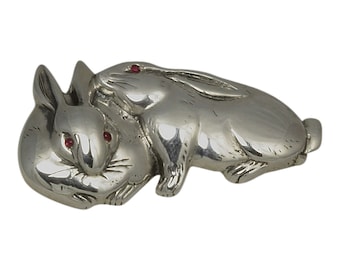 Rabbit Brooch-Sterling Silver-Bunny Rabbit-Ruby Set Eyes-Cuddling Rabbits-Easter-Rabbit Pin