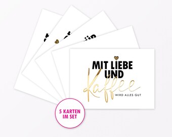 5-teiliges Set Postkarte „Kaffee“ A6 mit Goldfolie