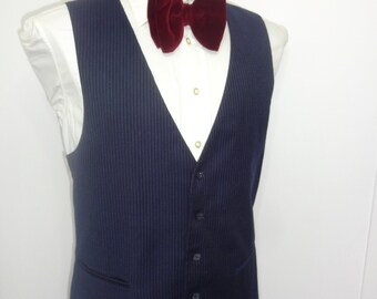 Vintage 1970's / Wool Navy Blue Vest Waistcoat/Men's Pinstriped Edwardian Steampunk Formal Vest Wedding Formal Vest / Size 42 / L /  Large