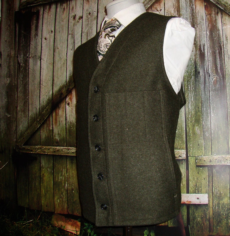 Rare Tweed Wool Vest 1960s Heavy Duty Vintage Green Waistcoat Vest Men's Army Green Solid Vest Solid Tactical Size 46 / XL/ X-Large image 6