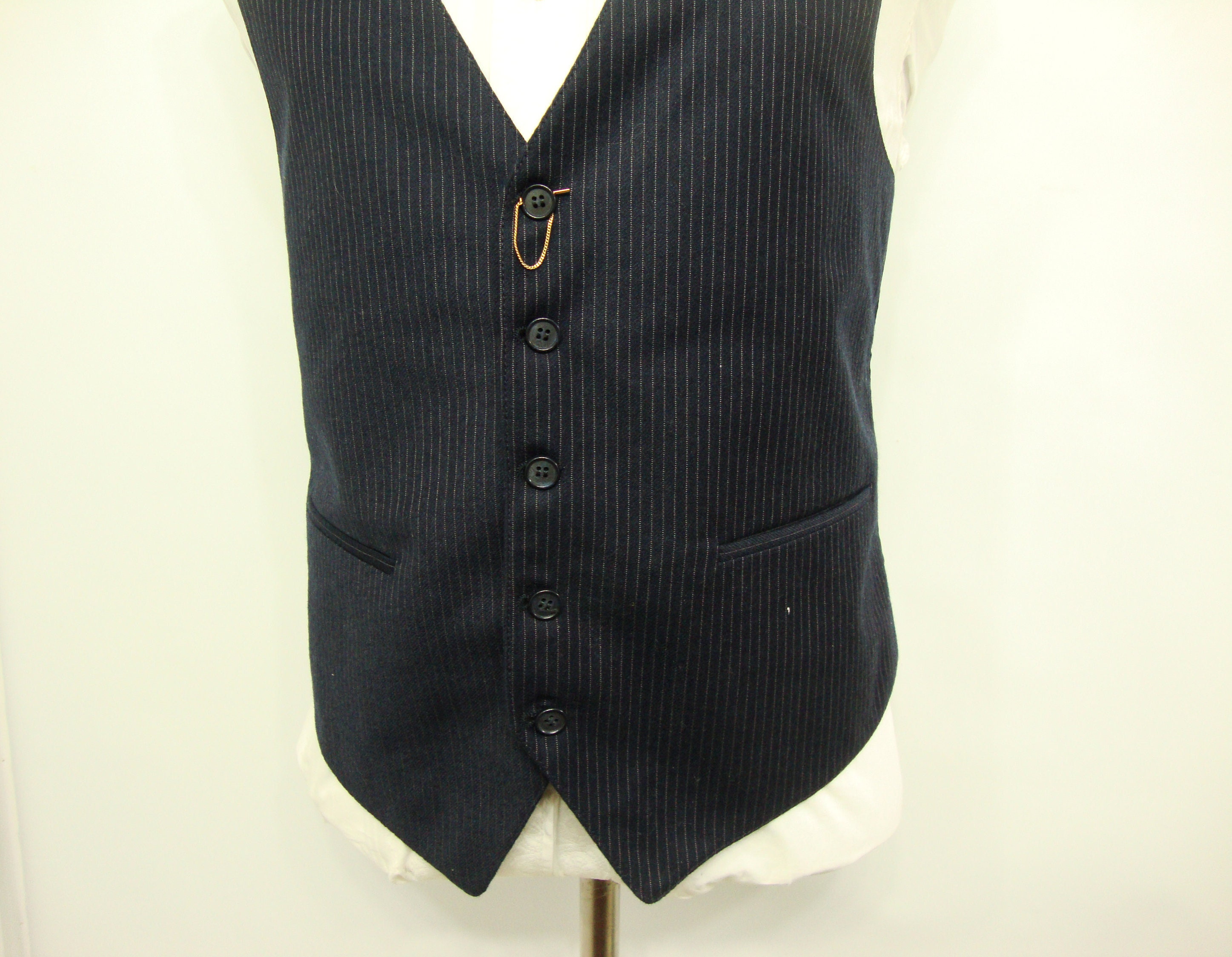 Vintage 1950's   Wool Dark Navy Blue Vest Waistcoat  Men's Pinstriped Edwardian  Mens Suit  Formal Vest  Size 42  Large  L