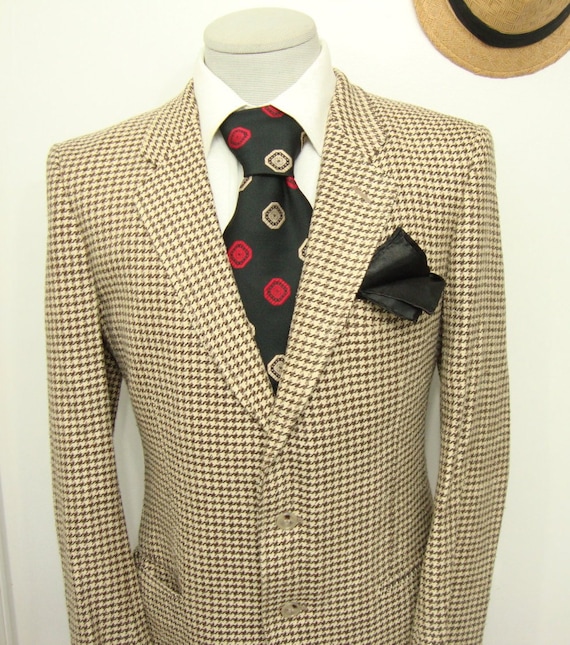 Vintage 1960's Houndstooth Beige Brown Wool Tweed… - image 1