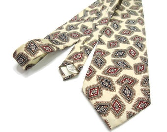 Vintage Cream Beige Neckties / Mens tie  Made in USA /Geometric Suit Men's Vintage Neck Ties / Pattern Gift for men / Vintage Geometric tie