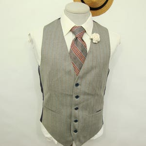 1960&#39;s Vintage Gray Beige Wool Pinstripe Vest Waistcoat / Men&#39;s  Brown stripe Vest / Vintage  /Rifle Country Vest / Size 36 / Small / Sm / S