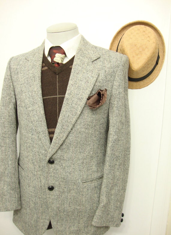 Vintage Classic Grey Herringbone Tweed Wool Sport 