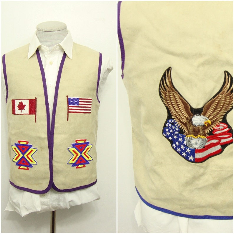 1960's Vintage Plain Beige American Eagle Suede Vest Waistcoat Proud American Canadian Flag North American vest Size 38 Medium M Native Vest image 2