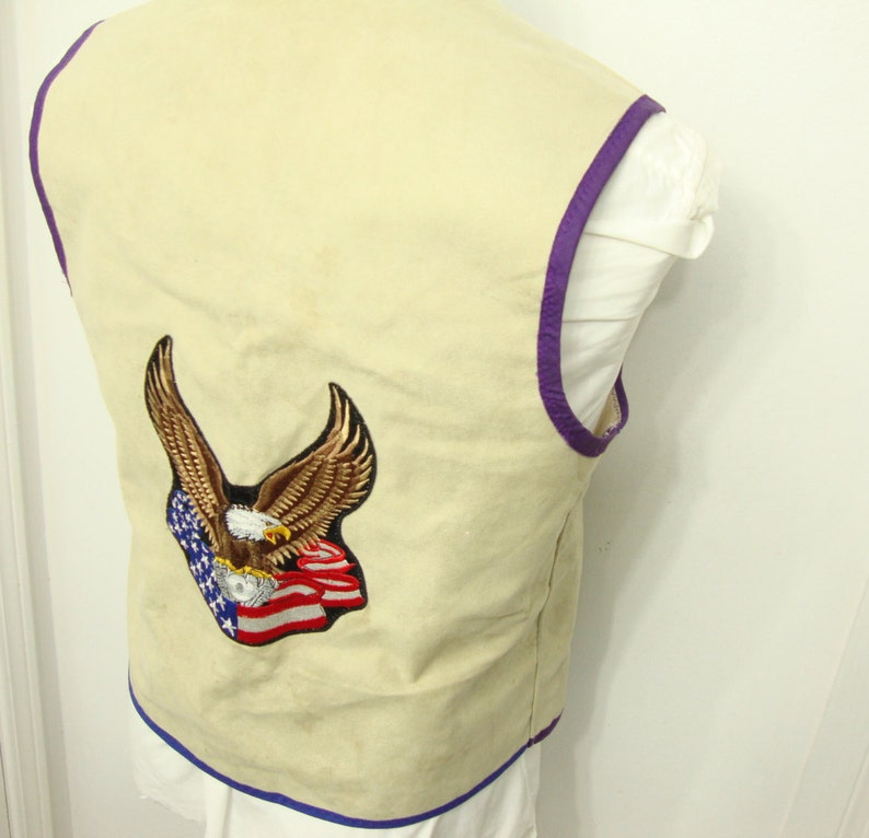 1960's Vintage Plain Beige American Eagle Suede Vest Waistcoat Proud American Canadian Flag North American vest Size 38 Medium M Native Vest image 3