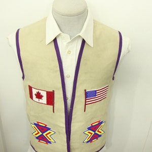 1960's Vintage Plain Beige American Eagle Suede Vest Waistcoat Proud American Canadian Flag North American vest Size 38 Medium M Native Vest image 4