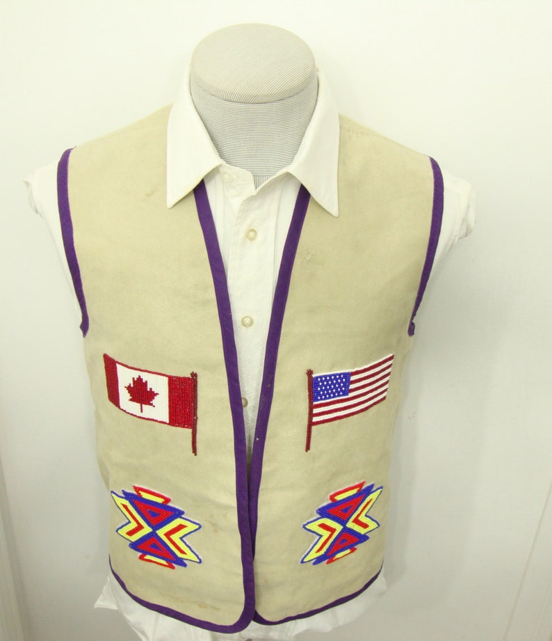 1960's Vintage Plain Beige American Eagle Suede Vest Waistcoat Proud American Canadian Flag North American vest Size 38 Medium M Native Vest image 4