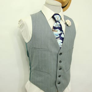 1960s Edwardian Mens Wool Vest Waistcoat, 4 Pocket Vintage Gray Bluish pinstriped Steampunk Vest / Size 38 / Medium / Med / M