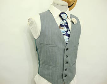 1960s Edwardian Mens Wool Vest Waistcoat, 4 Pocket Vintage Gray Bluish pinstriped Steampunk Vest / Size 38 / Medium / Med / M