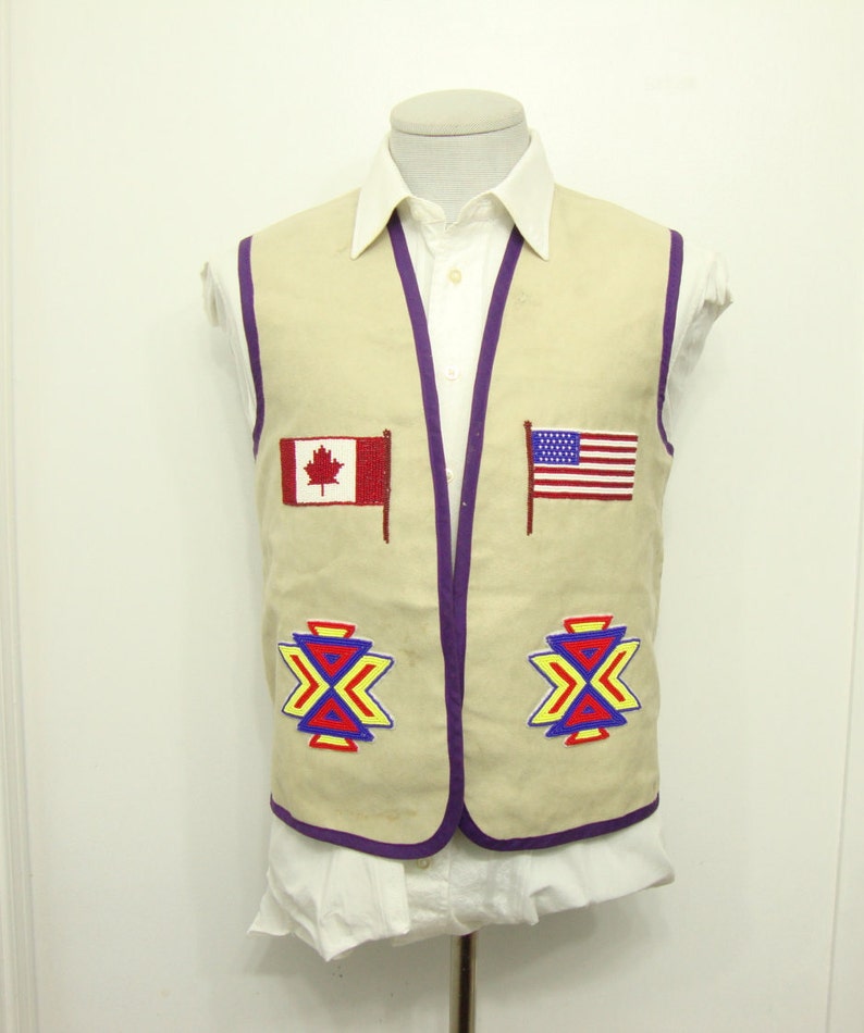 1960's Vintage Plain Beige American Eagle Suede Vest Waistcoat Proud American Canadian Flag North American vest Size 38 Medium M Native Vest image 1