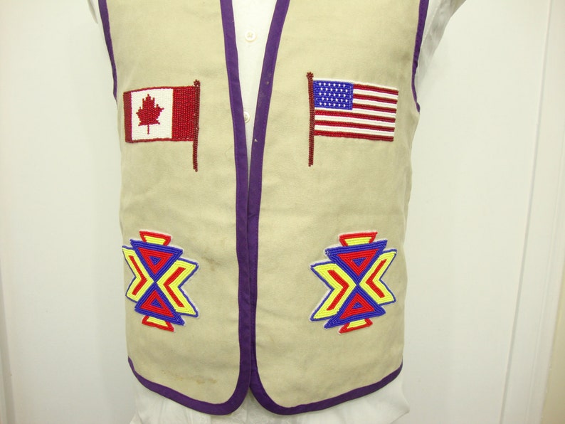 1960's Vintage Plain Beige American Eagle Suede Vest Waistcoat Proud American Canadian Flag North American vest Size 38 Medium M Native Vest image 5