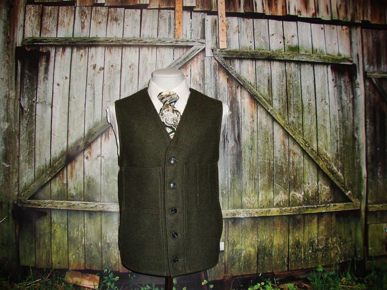 Rare Tweed Wool Vest 1960s Heavy Duty Vintage Green Waistcoat Vest Men's Army Green Solid Vest Solid Tactical Size 46 / XL/ X-Large image 4