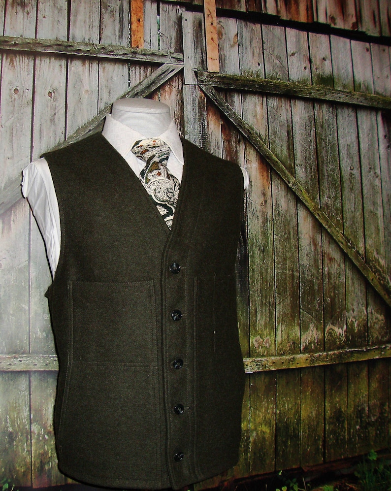 Rare Tweed Wool Vest 1960s Heavy Duty Vintage Green Waistcoat Vest Men's Army Green Solid Vest Solid Tactical Size 46 / XL/ X-Large image 1