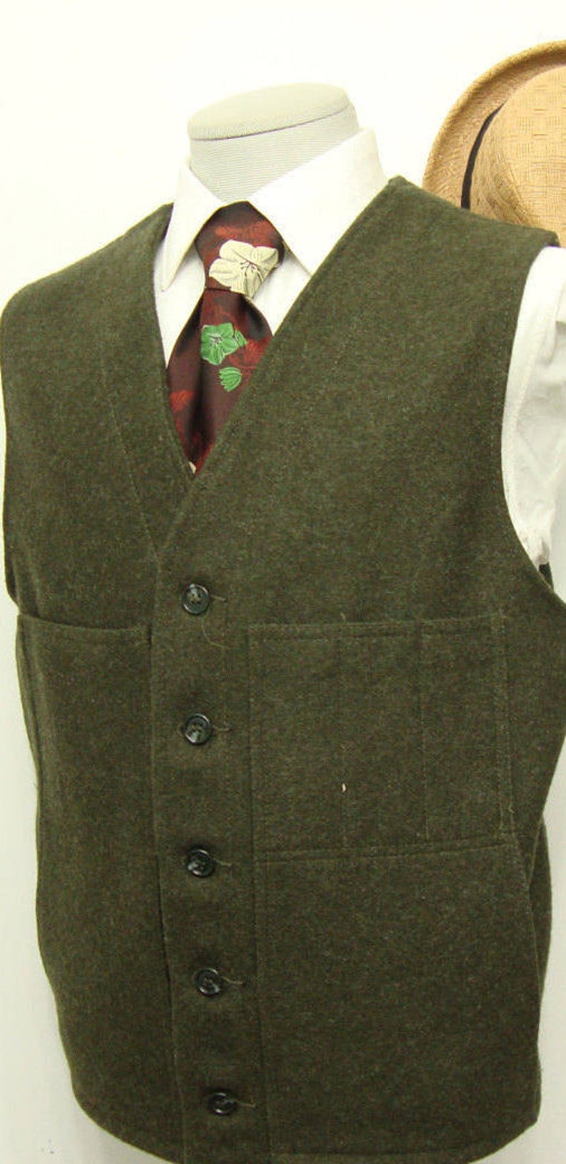 Rare Tweed Wool Vest 1960s Heavy Duty Vintage Green Waistcoat Vest Men's Army Green Solid Vest Solid Tactical Size 46 / XL/ X-Large image 2