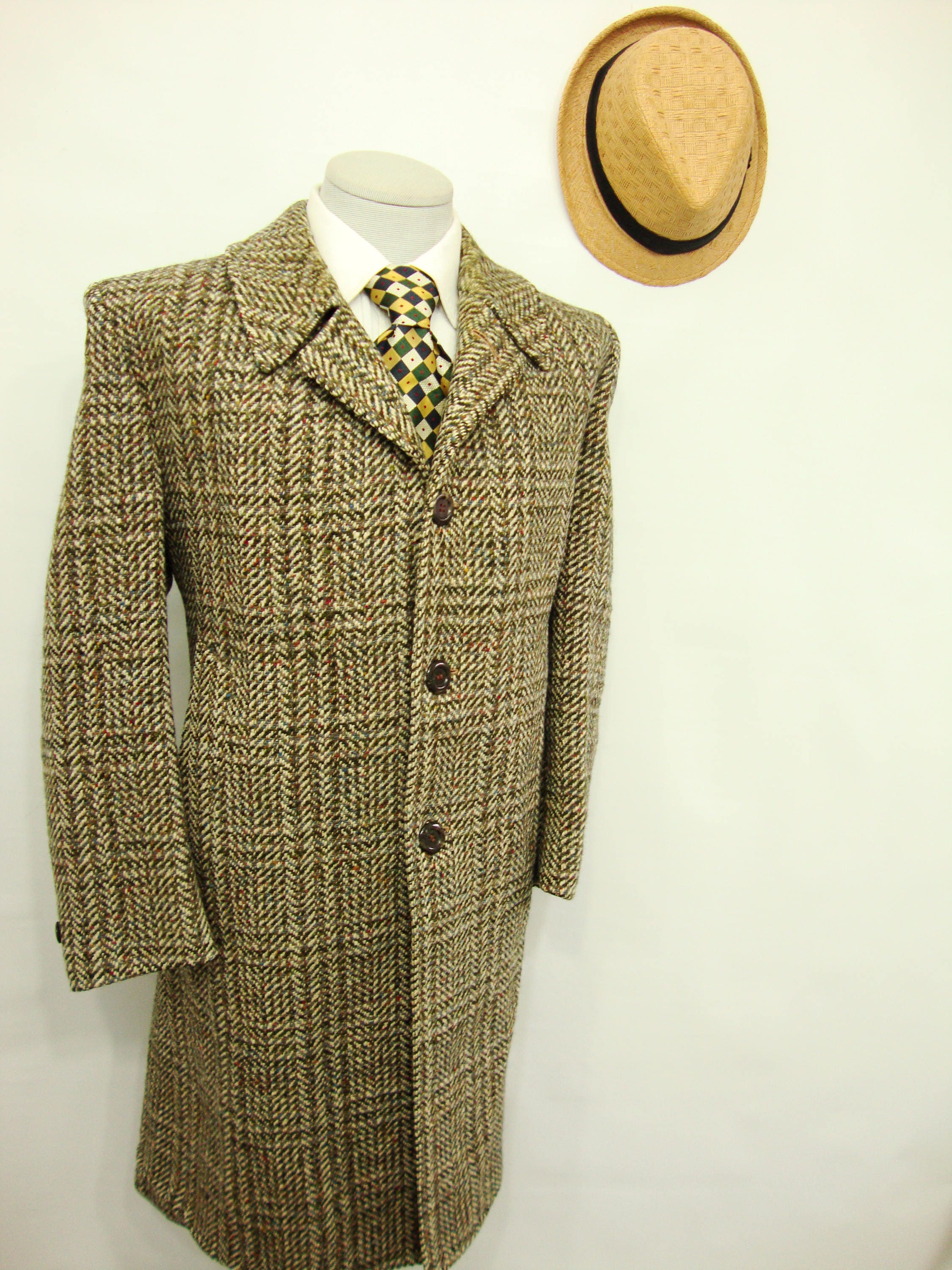 Rare 1960s One of It's Kind Donegal Tweed Overcoat Vintage Mens Wool Trench Coat Gray Olive Green Long Coat Size 42 / Large / Lrg / L