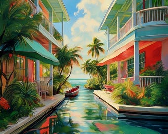 May include: A vibrant painting of Key West, Florida, featuring colorful buildings with awnings and balconies lining a waterway. Palm trees and a small boat add to the tropical scene. The water reflects the buildings and sky, creating a serene atmosphere.