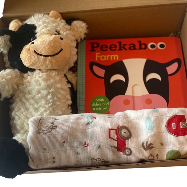 Baby Shower Cow Box,  Unisex Baby Box, Cow Book, Baby Blanket, Unique Baby Gift, Expecting Mom, Gender Neutral, Pregnancy Gift, New Mom Gift