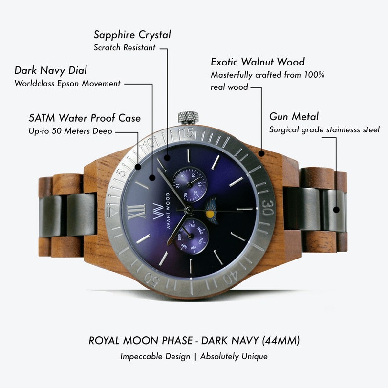 May include: A dark navy blue watch with a moon phase complication. The watch has a walnut wood case and a stainless steel bezel. The watch face is surrounded by a silver ring with Roman numeral hour markers. The watch has a date window at the 3 o'clock position and a day of the week window at the 9 o'clock position. The watch is water resistant to 50 meters. The watch is 44mm in diameter.