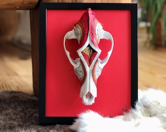 Skull Art, coyote skull, painted skull, animal art, red art, funky art, animal decor, canadian art, handmade gift, made in canada, frame