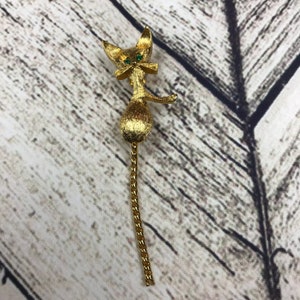 Vintage Cat Pin With Chain Tail, Sitting, Faux Emerald Eyes