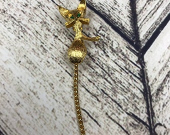 Vintage Cat Pin With Chain Tail, Sitting, Faux Emerald Eyes