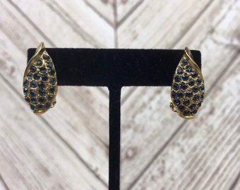 Vintage Signed Weiss Blue Rhinestone Gold Tone Leaf Clip On Earrings Jewelry
