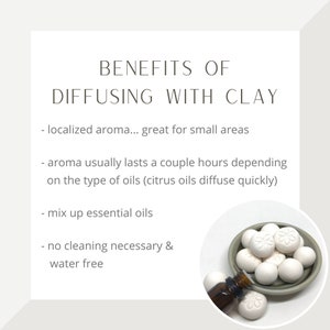 May include: White clay diffuser beads in a small bowl with a bottle of essential oil. Text reads: "Benefits of Diffusing with Clay" and lists the benefits of using clay diffusers.