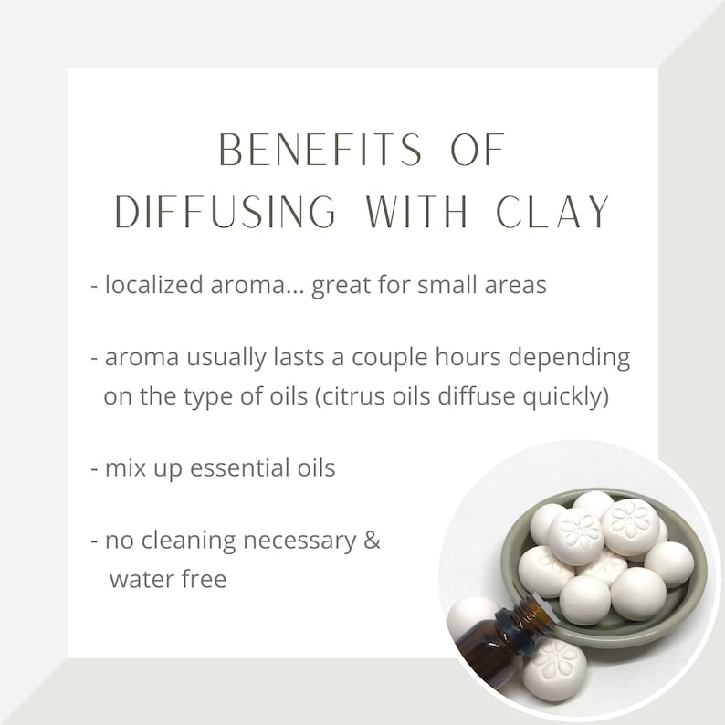 May include: White clay diffuser beads in a small bowl with a bottle of essential oil. Text reads: "Benefits of Diffusing with Clay" and lists the benefits of using clay diffusers.