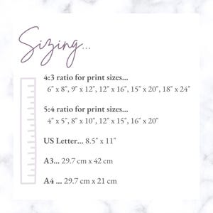 May include: A white background with text detailing print sizes. The text includes 4:3 and 5:4 ratios, US Letter size (8.5" x 11"), and A3 (29.7 cm x 42 cm) and A4 (29.7 cm x 21 cm) sizes.