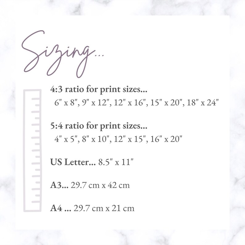 May include: A white background with text detailing print sizes. The text includes 4:3 and 5:4 ratios, US Letter size (8.5" x 11"), and A3 (29.7 cm x 42 cm) and A4 (29.7 cm x 21 cm) sizes.