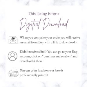 May include: A digital download listing announcement with text in a script font. The text includes instructions on how to download the file after purchase, with icons for email, a user profile, and a printer.