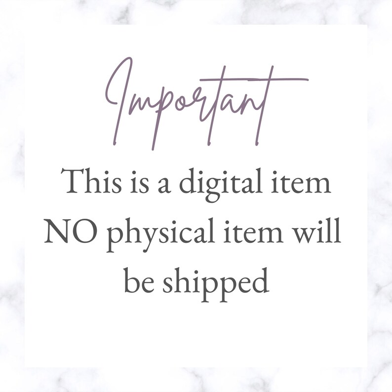 May include: A white background with a marble texture. The text "Important" is written in a cursive font in a purple color. Below the word "Important" is the text "This is a digital item. NO physical item will be shipped."