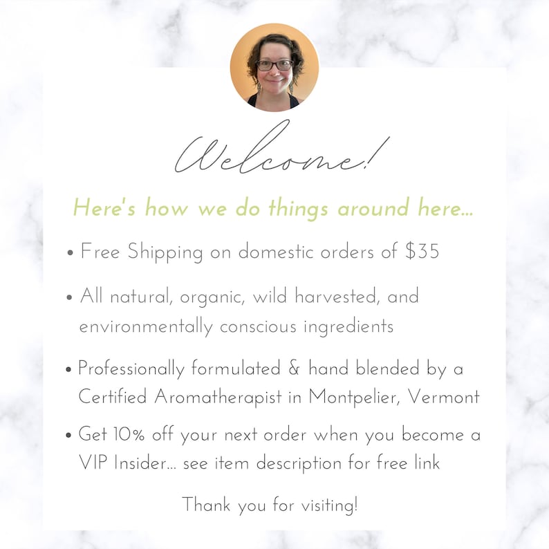 May include: A white background with a marble texture features the text "Welcome!" in cursive. Below, bullet points detail the shop's practices, including free shipping, natural ingredients, and professional formulation. A circular photo of a woman is at the top.