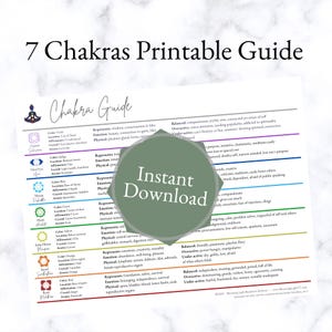 May include: A printable guide titled "7 Chakras" with detailed information on each chakra. The guide includes the chakra's location, color, affirmation, crystal, and associated emotions. A green circular graphic with "Instant Download" is in the center.