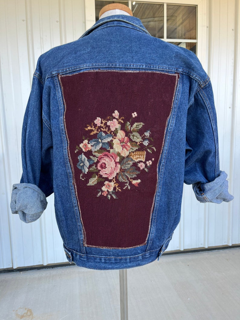 Vintage Needlework Back Denim Jacket Etsy