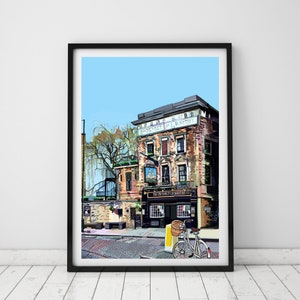 May include: A colorful illustration of a pub called "The Prospect of Whitby" in London, England. The pub is a brick building with a sign above the entrance that reads "Prospect of Whitby". There is a bicycle parked in front of the pub.