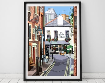 Illustrazione artistica stampata del pub Holly Bush, Hampstead, Londra nord-occidentale
