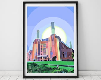 Battersea Power Station Sun Portrait, Wandsworth, South West London Illustration Art Print