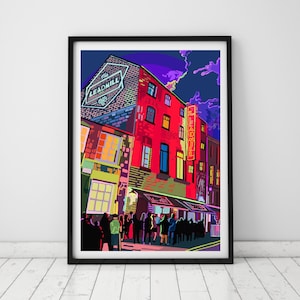 May include: A digital illustration of a red brick building with a neon sign that reads "The Leadmill" in a black frame. The building is brightly lit with neon lights and there are people standing in front of it.