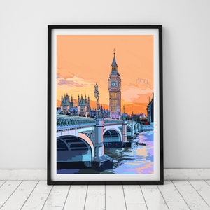 Houses of Parliament and Big Ben, Westminster, London, England Illustration Art Print
