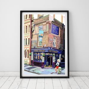 May include: A colorful illustration of a pub in Ramsgate, England. The pub is called "The Ramsgate" and is a traditional English pub with a blue door and windows. The pub is located on a corner and has a sign that says "Town of Ramsgate". There is a person standing in front of the pub.