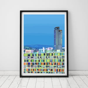 May include: A colorful illustration of a building with a blue sky in the background. The building has a grid pattern of windows with orange, yellow, green, and blue accents. The text "Sheffield Hallam University" is visible on the building.