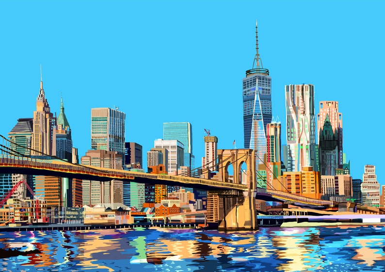 Brooklyn Bridge, Manhattan, New York City, America Illustration Art Print image 2