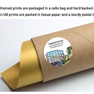 May include: A rolled-up print in a sturdy cardboard tube, with a gold-colored paper edge visible. A circular sticker with the text "TOMARTACUS" and website information is affixed to the tube. The text on the image states that A4/A3 prints are packaged in a cello bag and hard backed envelope, and A2/A1/A0 prints are packed in tissue paper and a sturdy postal tube.