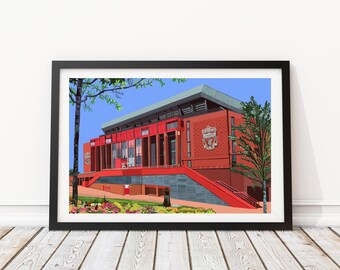 May include: A red brick stadium with a large crest on the side. The stadium is surrounded by green trees and a blue sky.