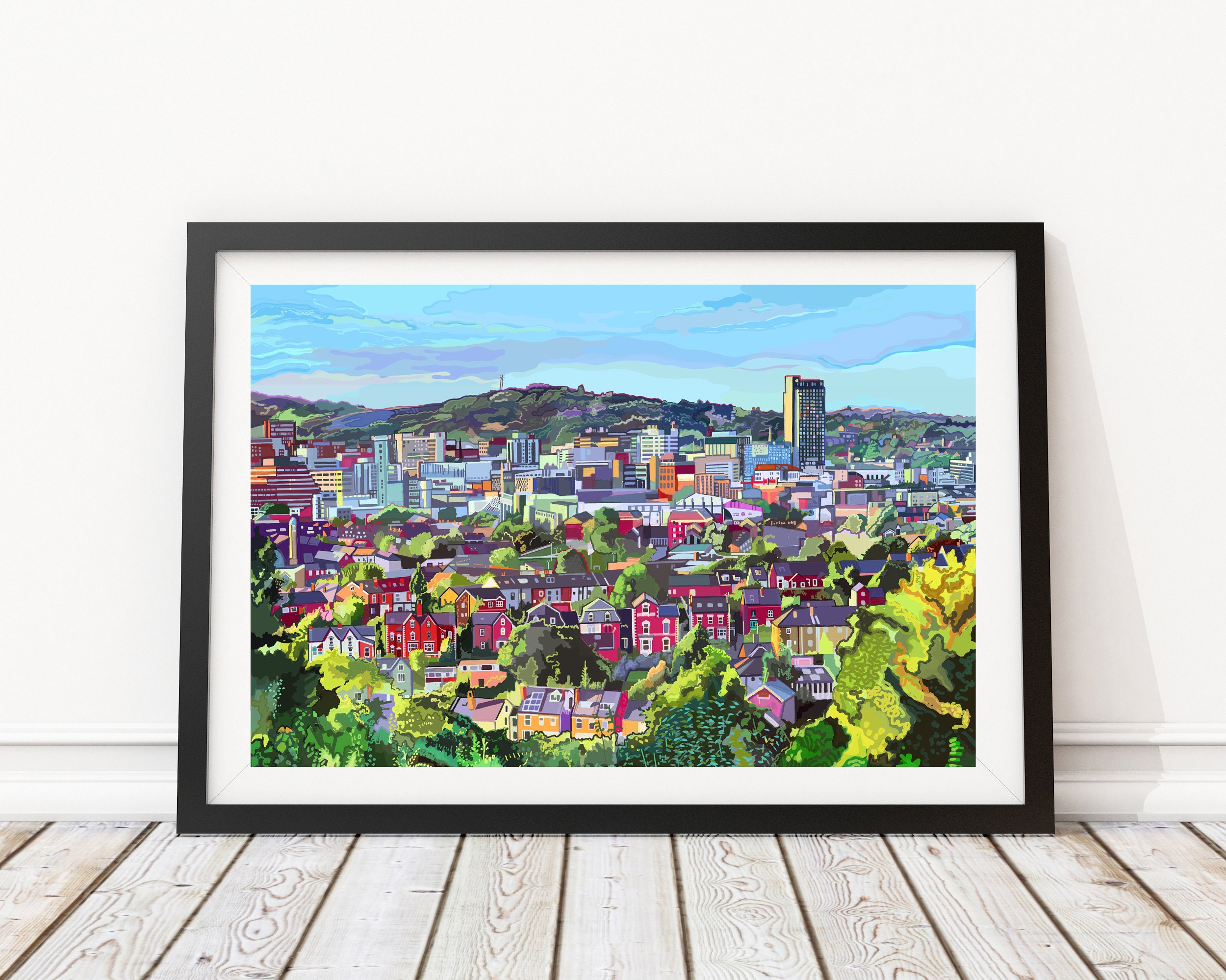Sheffield City Skyline, Meersbrook Park, South Yorkshire, North England, UK Illustration Art Print